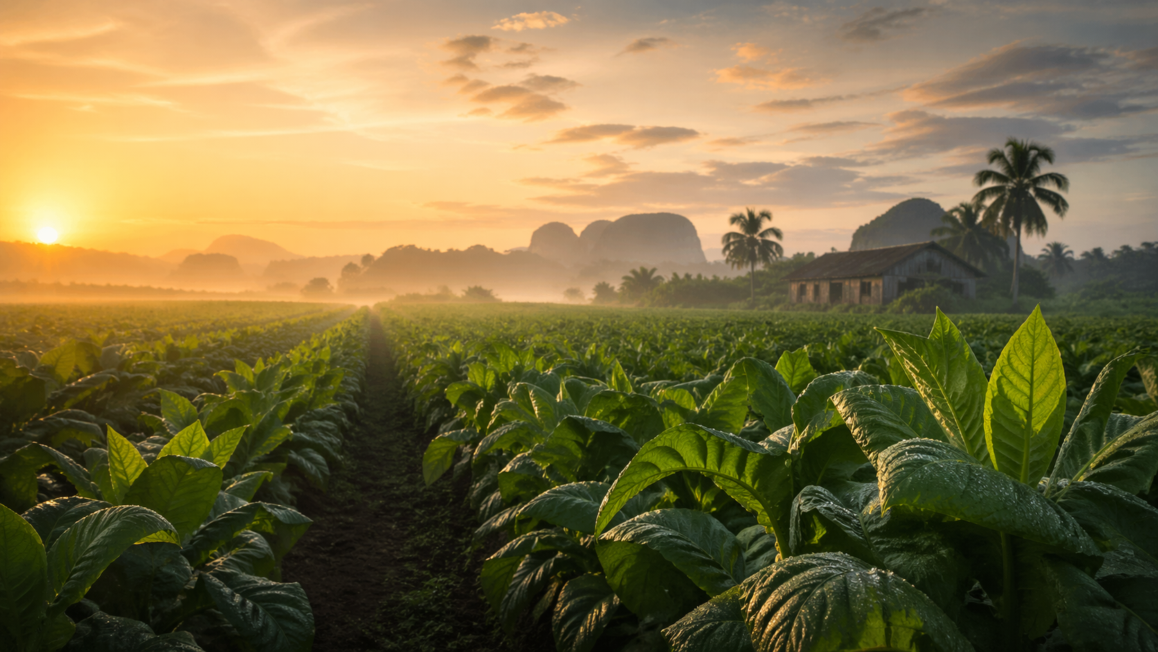 A Viñales tobacco field at sunrise, Cuban mogotes in the distance